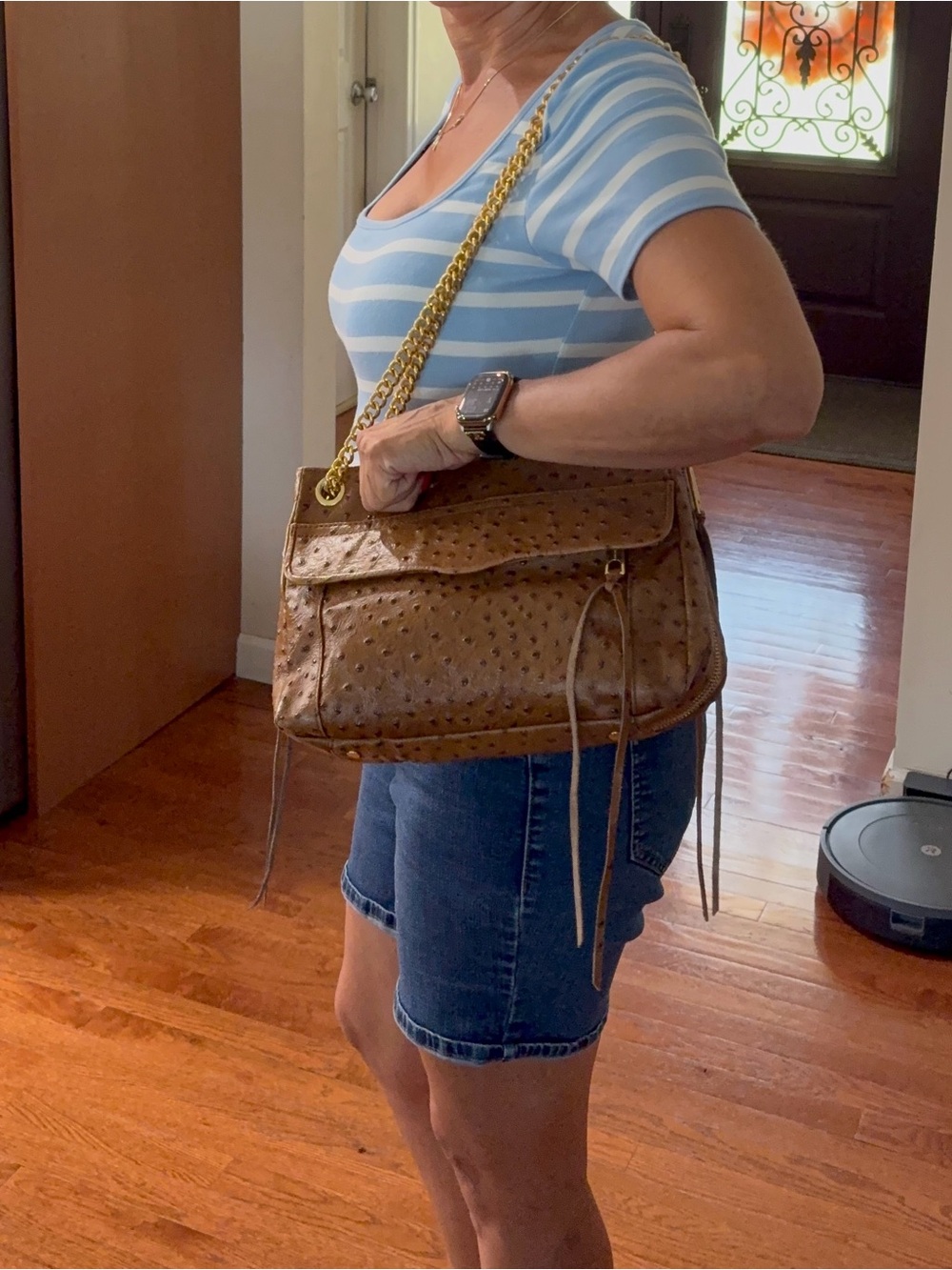 Rebecca Minkoff Tan Ostrich-Texture Shoulder Bag with Gold Chain